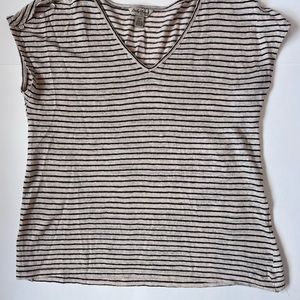 Lucky Brand 100% Linen Beige BlueStriped Button Shoulder V-Neck Shirt Size Small